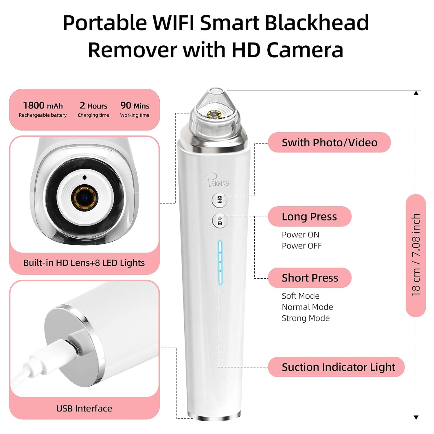 PSKMKS Blackhead Remover Vacuum with Camera 2021 Upgraded 5.0 MP Visual Facial Pore Cleaner USB Rechargeable Acne Comedone Whitehead Extractor Sucker Tool Blackhead Remover Kit Suction for Women & Men : Beauty & Personal Care