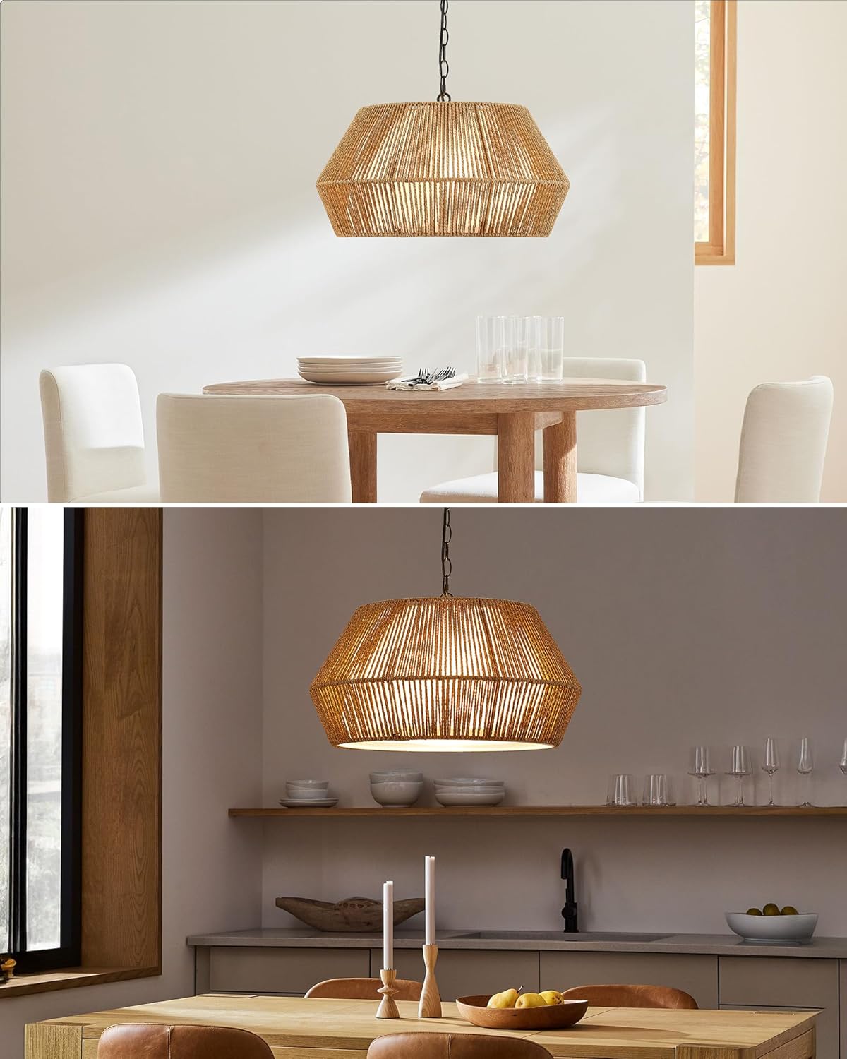 ELYONA 20" Large Rattan Chandelier Light Fixtures, 4-Lights Boho Pendant Light, Adjustable Woven Chandelier for Dining Room with Fabric Shade, Rustic Hanging Light for Kitchen Island,Living Room