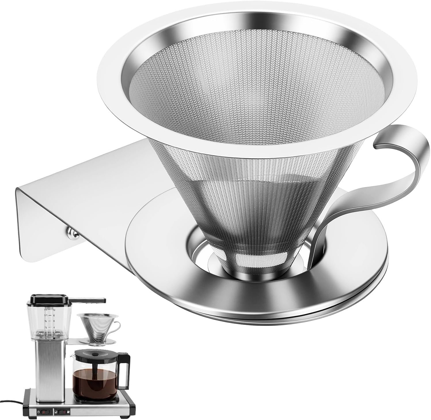 ZenTiky Reusable #4 Coffee Filter compatible with Technivorm Moccamaster KBGV (Select 53630-59691), Stainless Steel Funnel Holder Set, Replace Plastic Cone, 2-in-1 Dripper, Dishwasher Safe