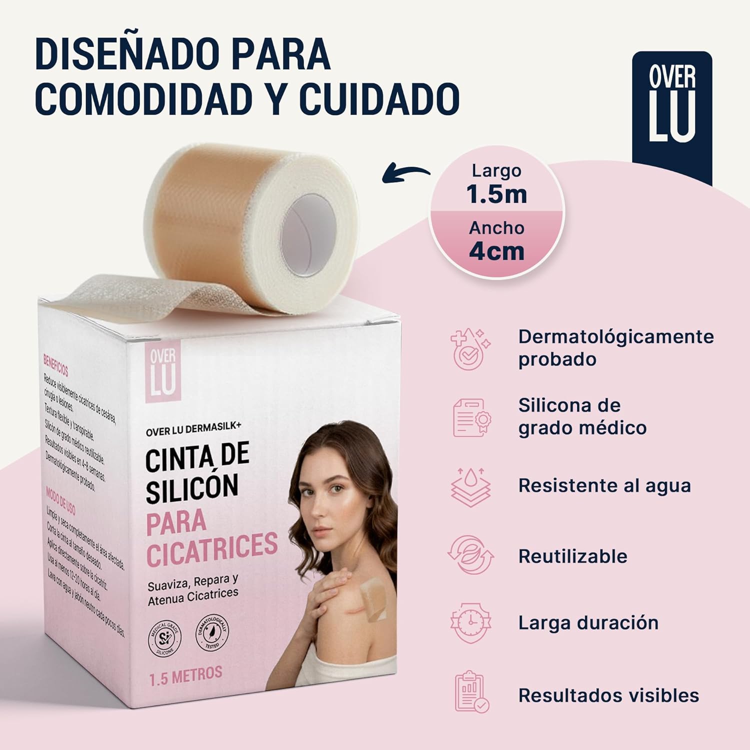 Over Lu DermaSilk | Silicone Scar Tape, Reusable Anti-Wrinkle and Breathable Cilicone Patch Eliminates Burns, Keloids, Stretch Marks and Acne, Reusable Post-Surgical | 1.5m