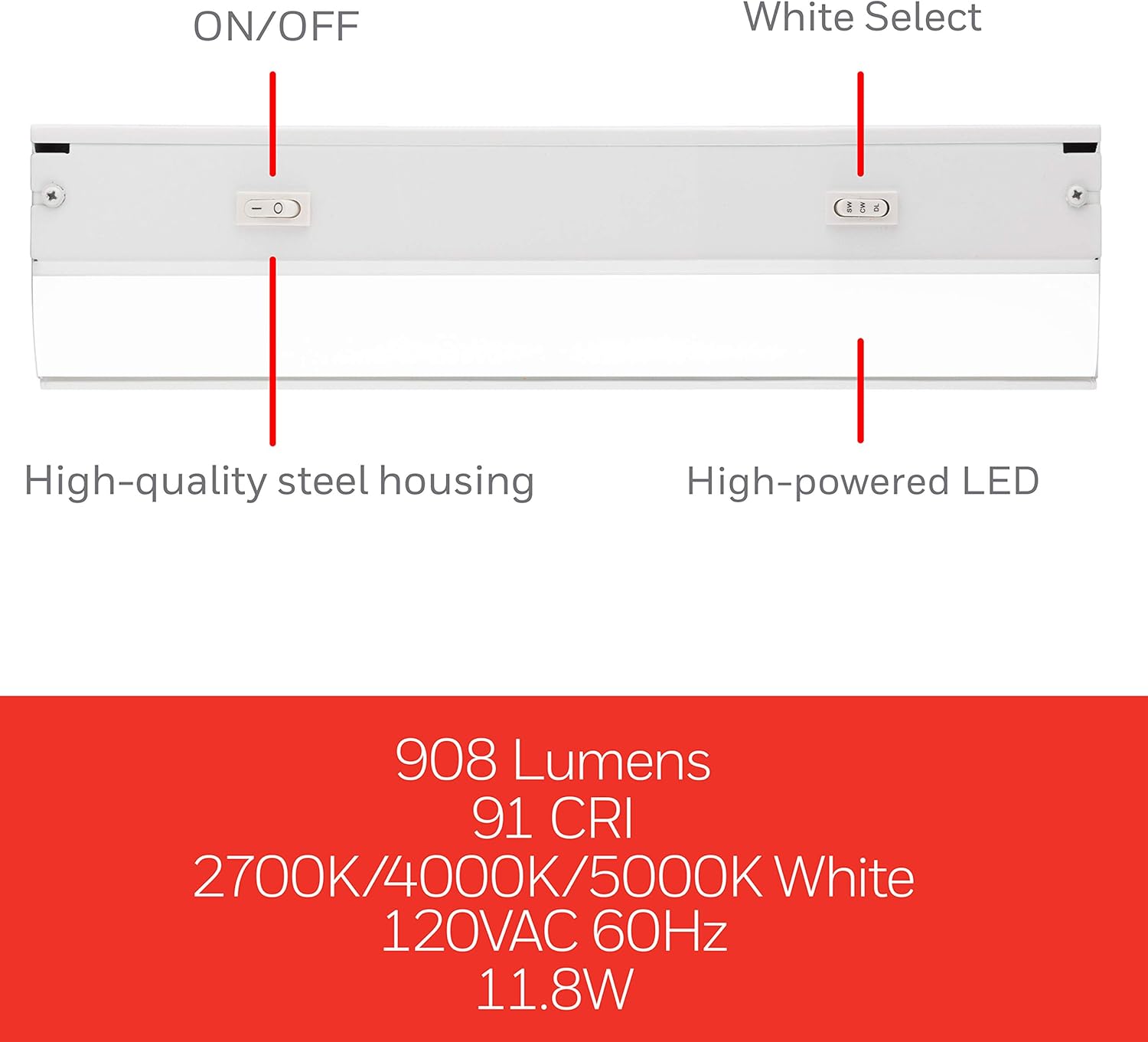 UltraPro 24in. Direct Wire LED Light Fixture, Selectable White, Selectable Brightness, LED Light Strip, Under Cabinet Lighting, 45368 : Home & Kitchen