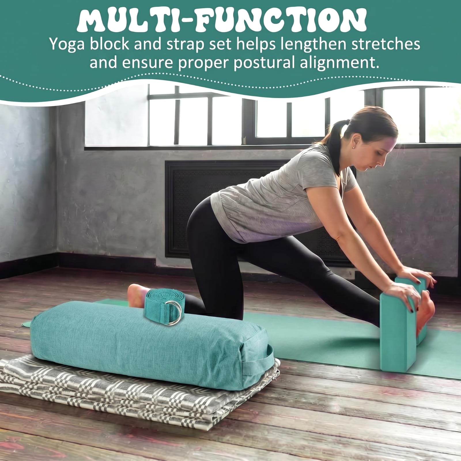 Yoga-Nackenrolle, Yoga-Blöcke mit Gurt, bequemes Meditationskissen für erholsames Yoga, rutschfest, wiederverwendbar, Yoga-Blöcke für Balance-Yoga, Pilates, 4 Stück