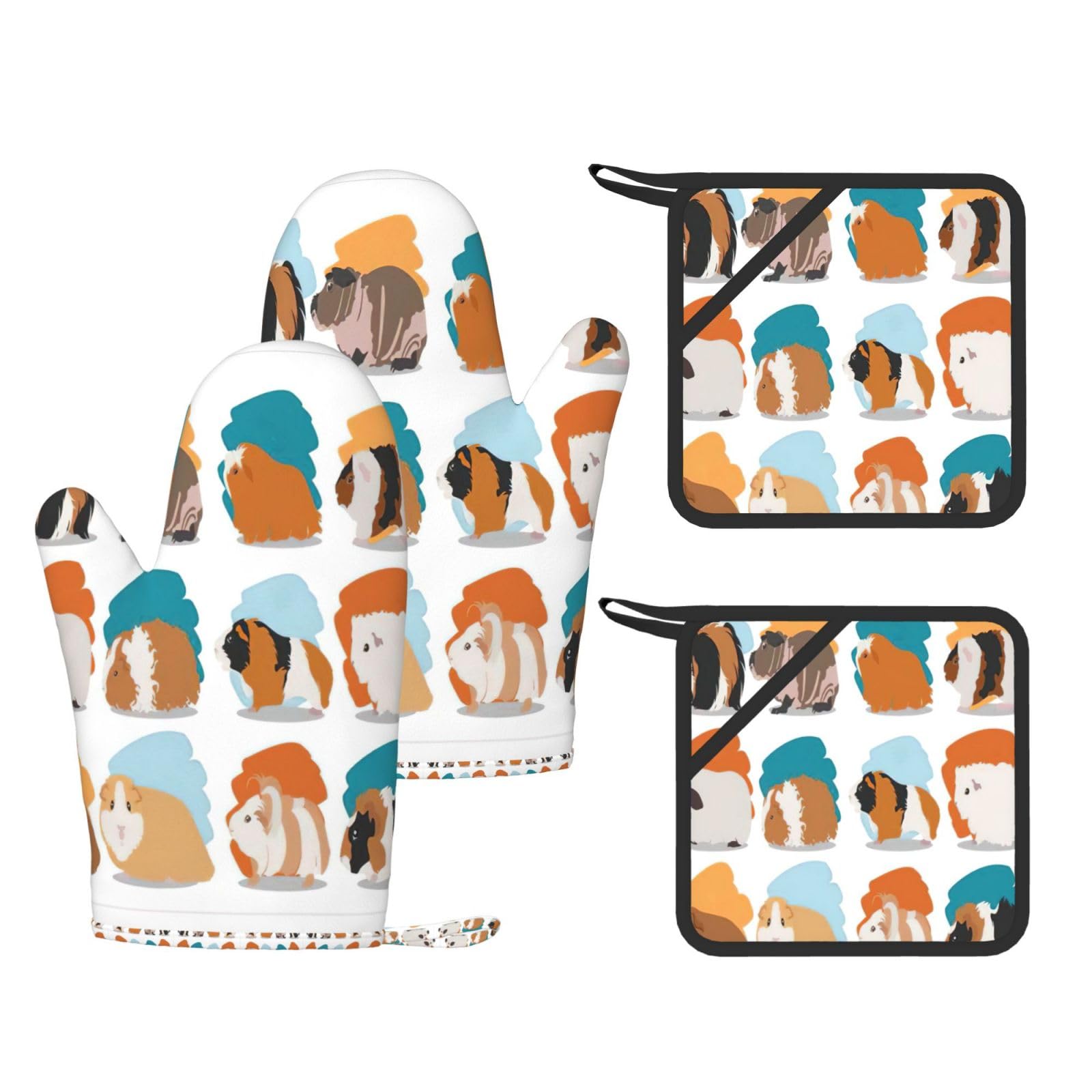 Guinea Pig Illustration Printed Oven Gloves and Hot Pads Set of 4, High Heat Resistant Silicone Mitts for Cooking BBQ
