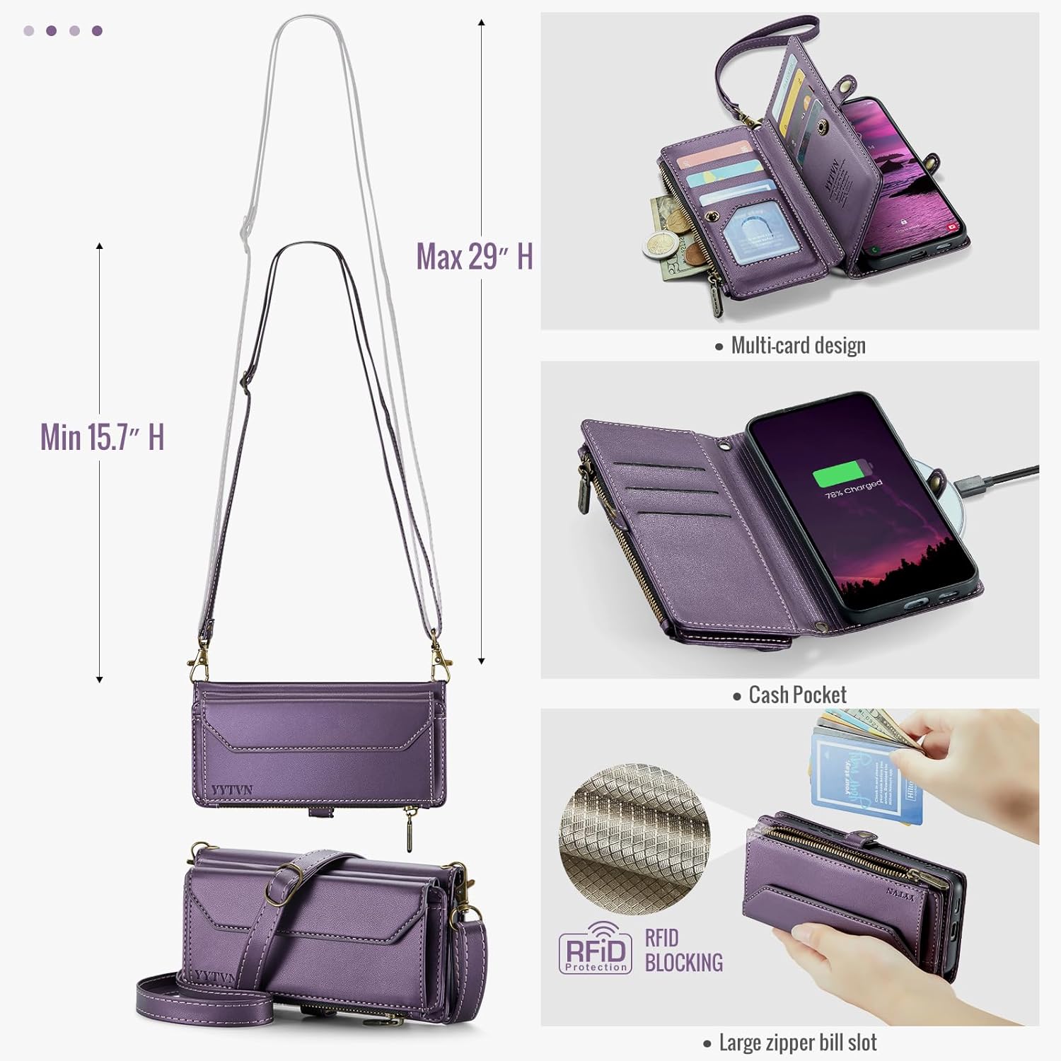 for Samsung Galaxy S25 Edge Wallet Case with Zipper Card Holder & Crossbody Lanyard Strap & Wrist Strap, RFID Blocking PU Leather Magnetic Flip Handbag Purse Case for Galaxy S25 Edge -Purple