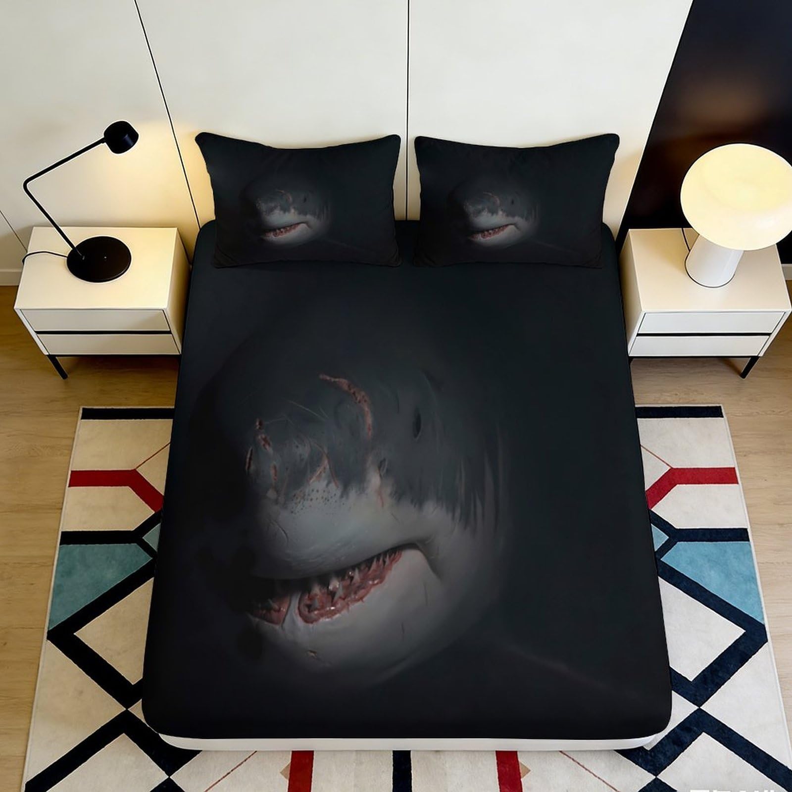 3D Printed Shark Pattern Fitted Sheet Microfiber Soft Durable Dark Bed Sheet for Bedroom Dormitory Guest Room Mattress Cover with Non-Slip Protection 120x200x25cm