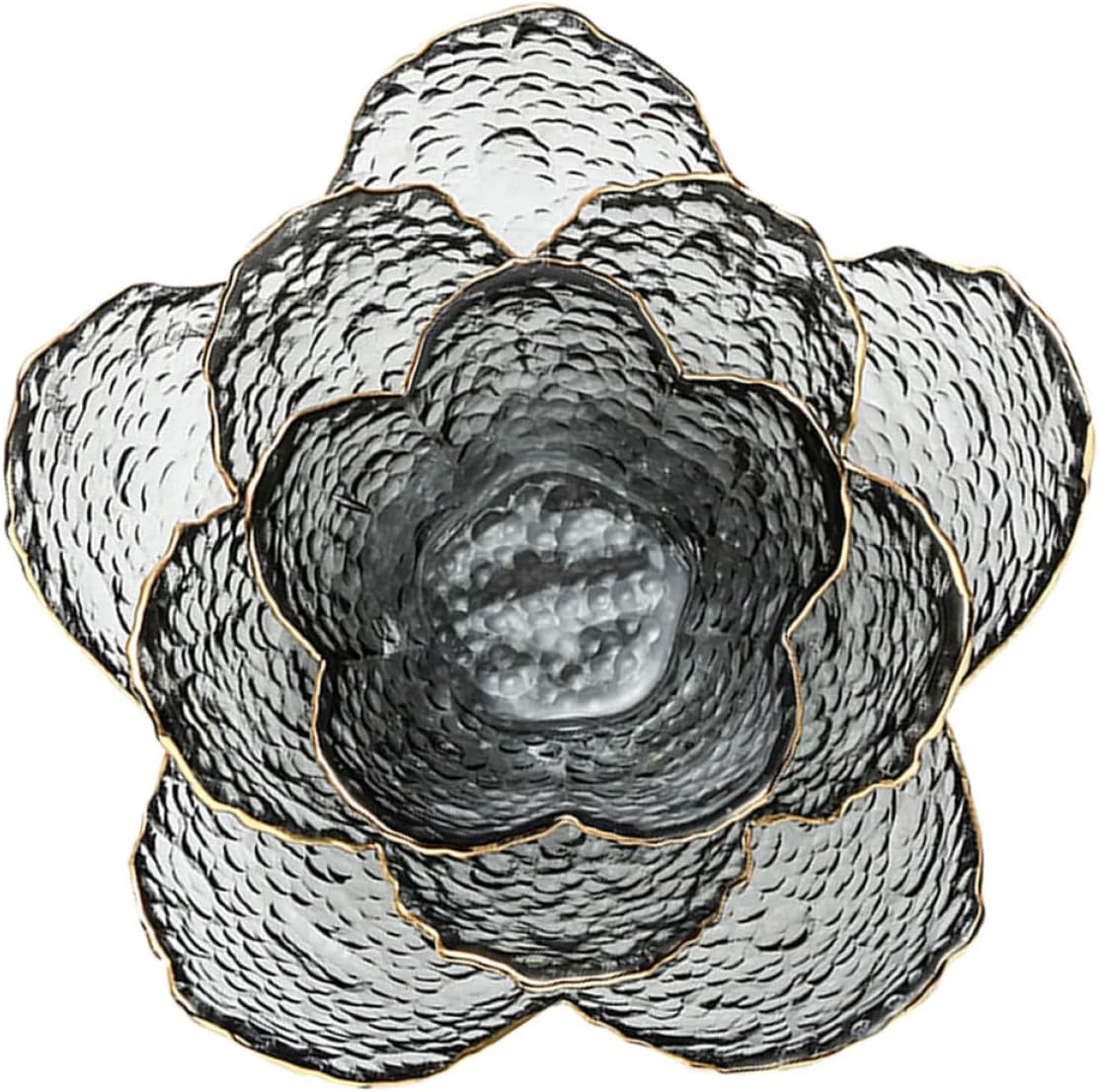 Creative Grey Glass Fruit Bowl Set 3pcs with Gold Rimmed Petal Design, Small Medium Large Salad Dessert Breakfast Sauce Serving Bowls for Kitchen and Dining