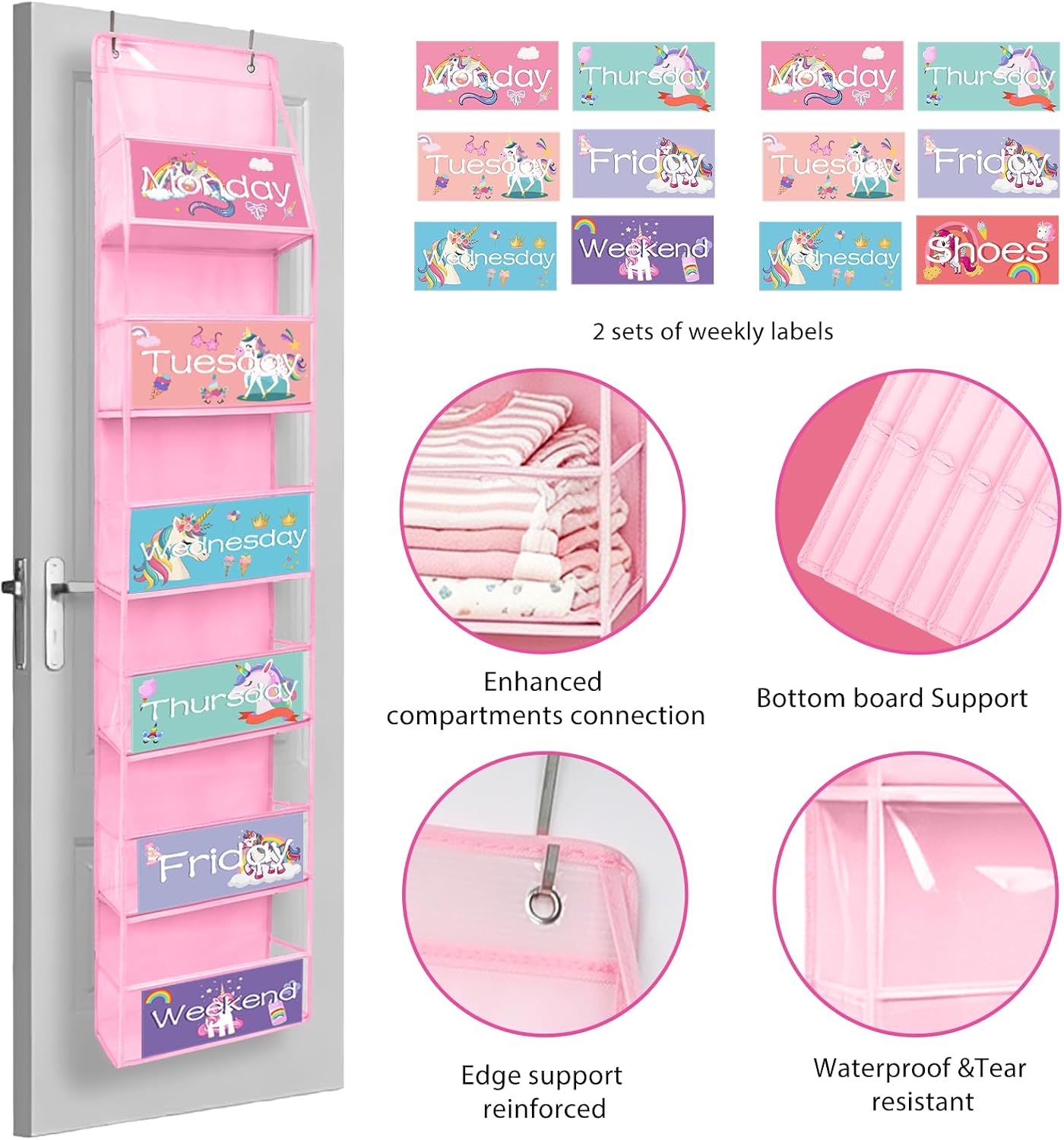 2 Pack Weekly Clothes Organizer for Kids, 6 Shelf Hanging Closet Organizer with Clear Window, Foldable Days of the Week Over the Door Outfit Organizer with Labels for Closet School image 4