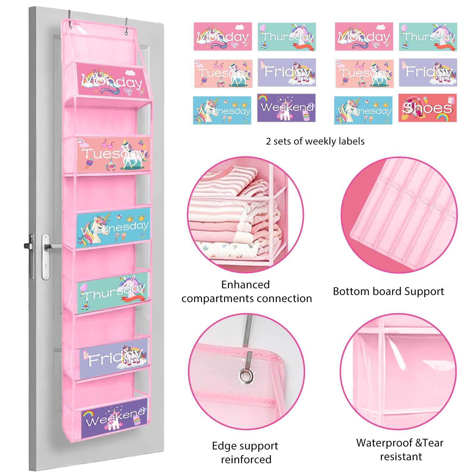 Lot de 2 organiseurs de vêtements hebdomadaires à 6 étagères, organiseur de placard à suspendre pour enfants avec 2 ensembles d'autocollants pour jour de la semaine, 15 x 30 x 134,6 cm (rose)
