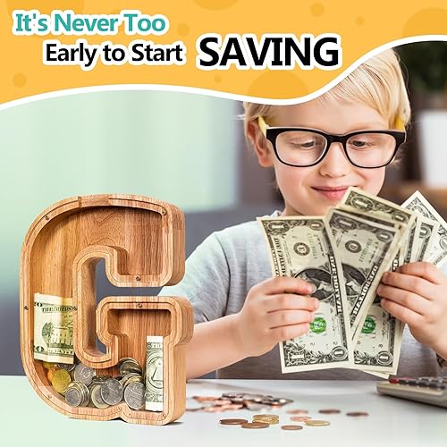 Miniatura 6 de SummiDate Alcancía de madera con nombre, niños y niñas, tamaño grande, letras alfabeto A-Z, monedas y billetes, inicial en cubierta transparente