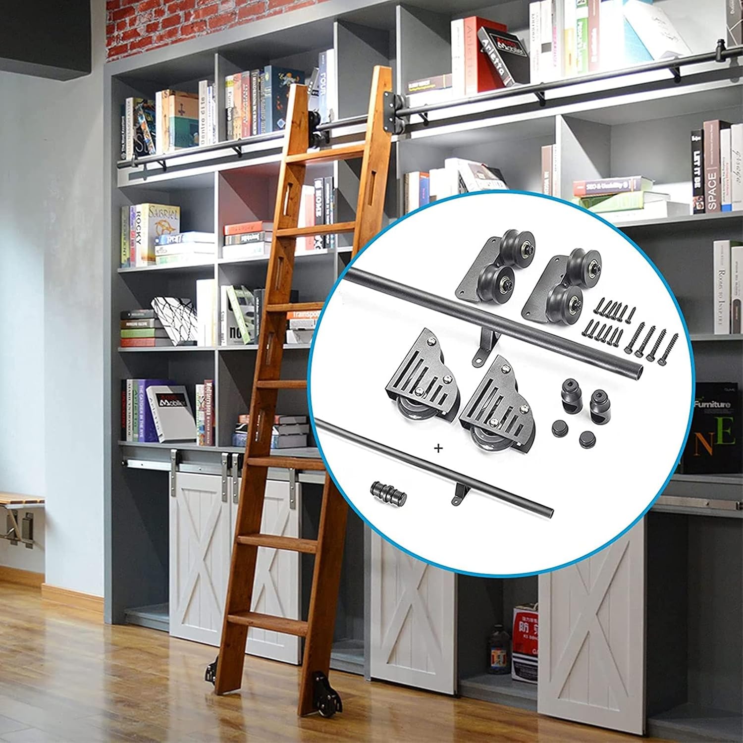 Rolling Ladder Hardware Library Sliding Ladder Hardware Kit 3.3ft-20ft Round Track/Rail Rustic Black Mobile Ladder Track,with Floor Roller Wheels,Black-400cm Track kit