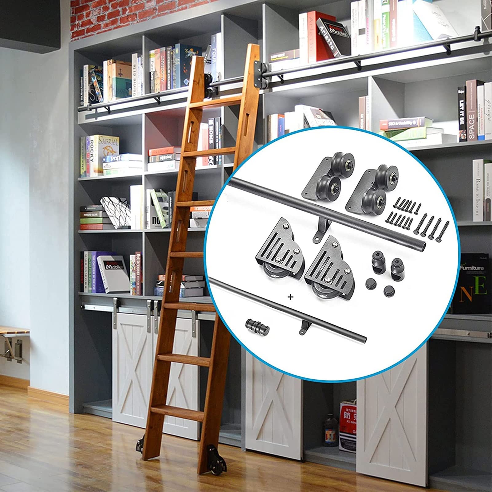 Herrajes para escalera móvil en bibliotecas altas con riel negro de 500 cm
