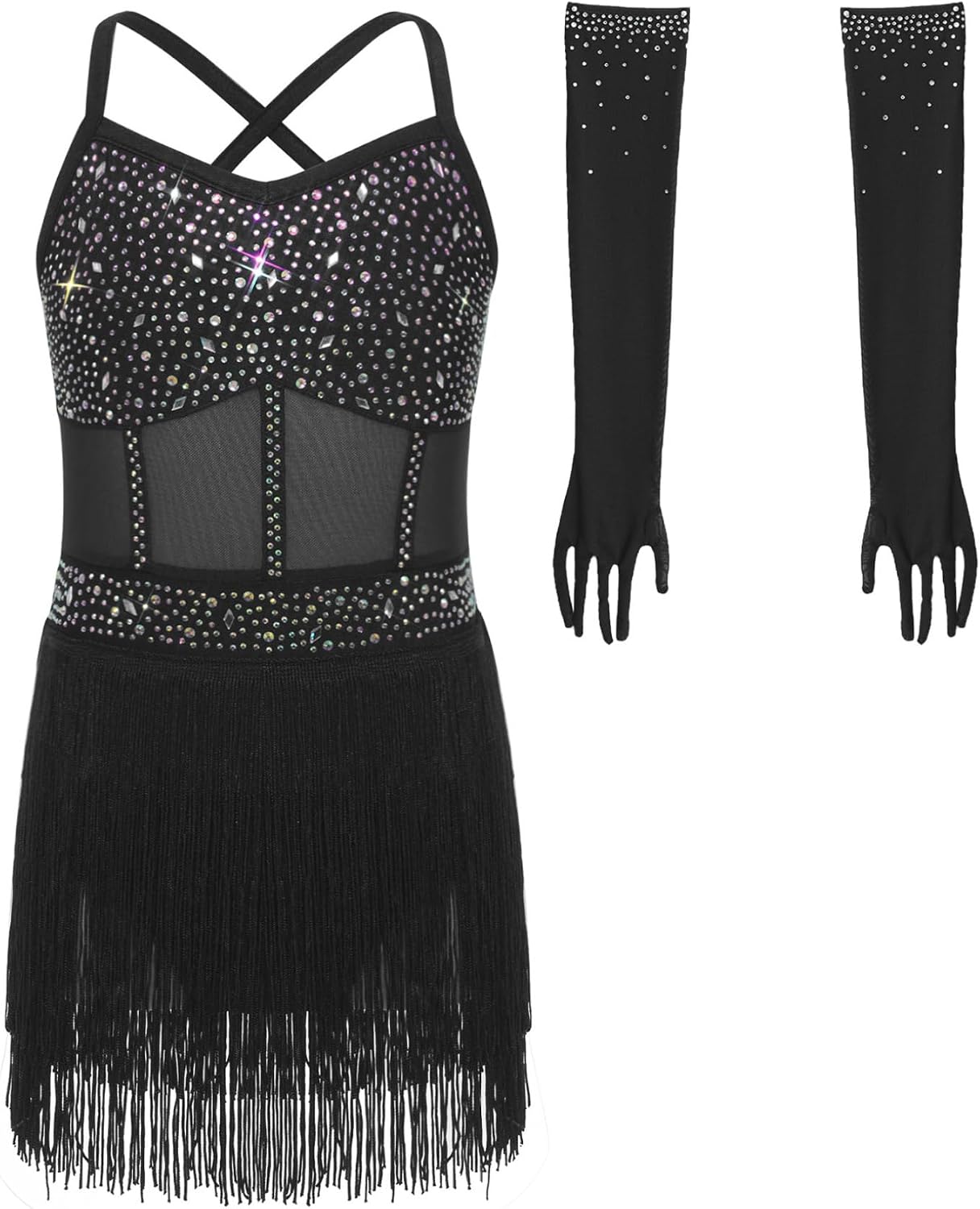 Oyolan Kids Girls Jazz Latin Dance Dress Tiered Tassel Leotard Bodysuit with Gloves Set for Competition Performance