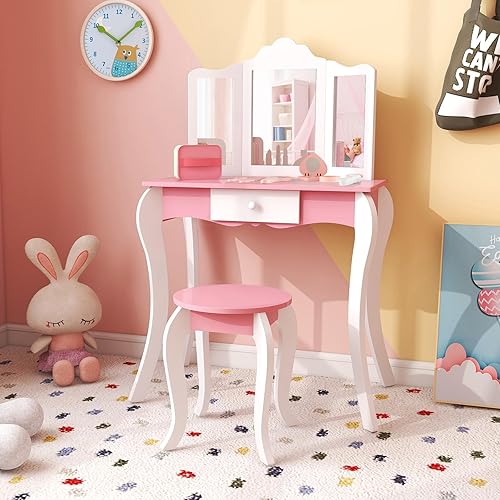 Miniatura 7 de Costzon Juego de mesa y silla para niños, juego de tocador para niñas con espejo y taburete, cajón de almacenamiento, tocador de maquillaje de
