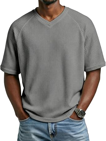 Waffle Shirts for Men Short Sleeve Loose Big and Tall T-Shirts V Neck Muscle Slim Tshirts Casual Workout Oversize Tee Undershirt Summer Athletic Shirt Baggy StreetwearA03 Gray,3X-Large