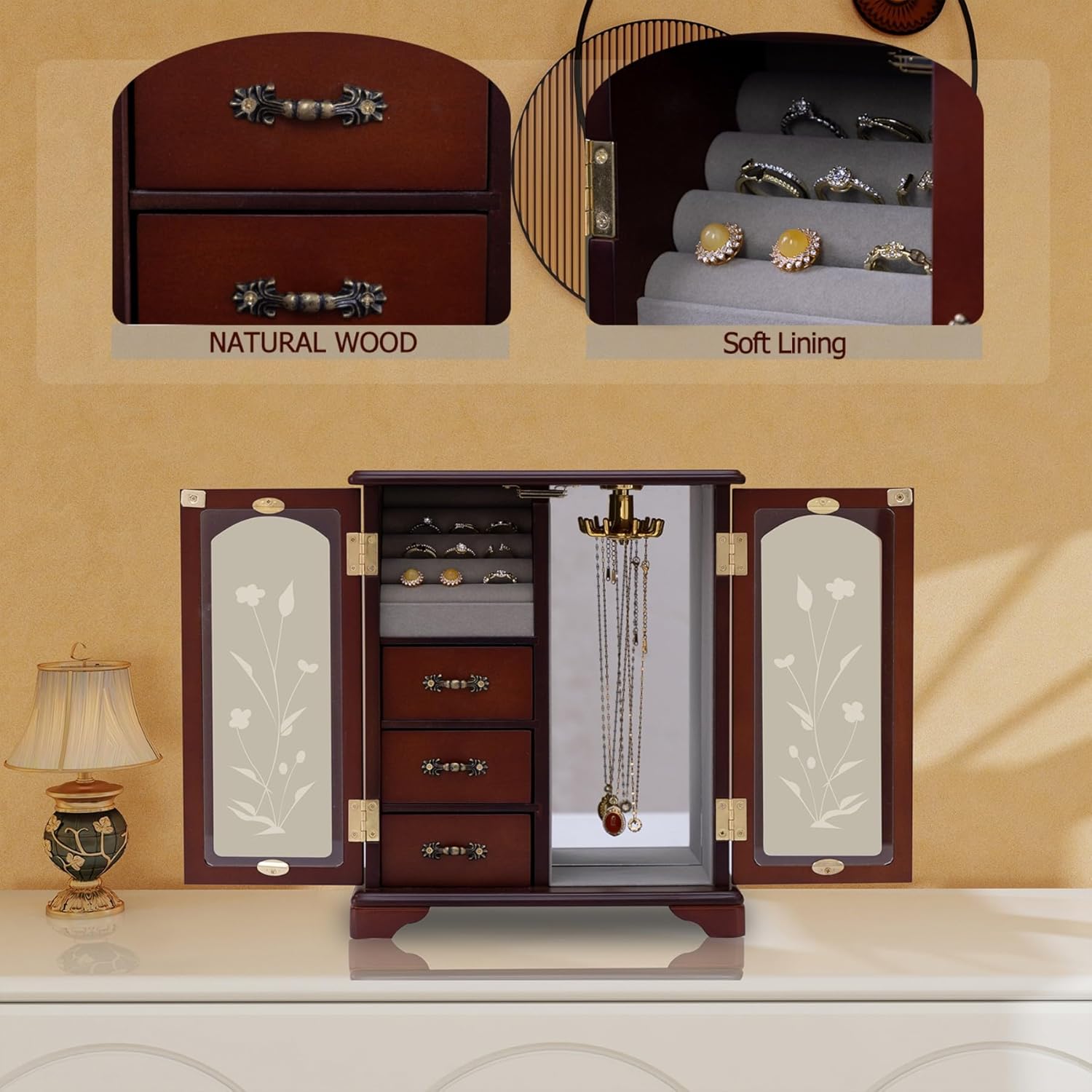 Dark Brown Jewelry Boxes,Handle Carving Craft Large Jewelry Box,With Swivel Hook And Velvet Lining Wooden Jewelry Boxes For Women,Suitable As Gift For Friends - Image 9