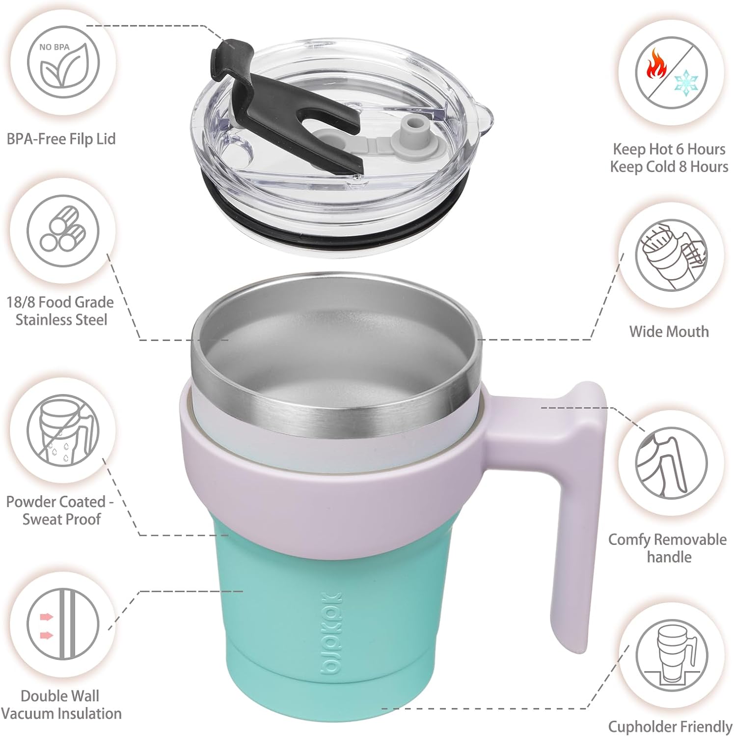 BJPKPK 10 oz Tumbler With Handle And Straw Stainless Steel Insulated Tumbler Cups For Water Or Ice Coffee,Lavender Green - Image 2