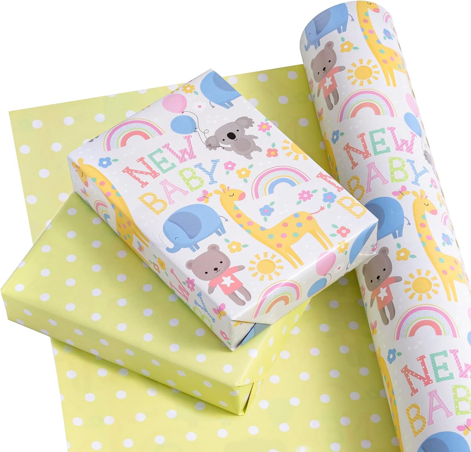 WRAPAHOLIC Jumbo Reversible Baby Shower Wrapping Paper - 30 Inch x 100 Feet - Animals & New Baby Design for Neutral Baby Shower, Boys Girls Kids Birthday
