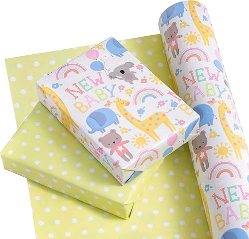 Vista 370 de WRAPAHOLIC Papel de regalo reversible, mini rollo, 17 pulgadas x 33 pies, adorable diseño de gato y azul sólido para cumpleaños, vacaciones