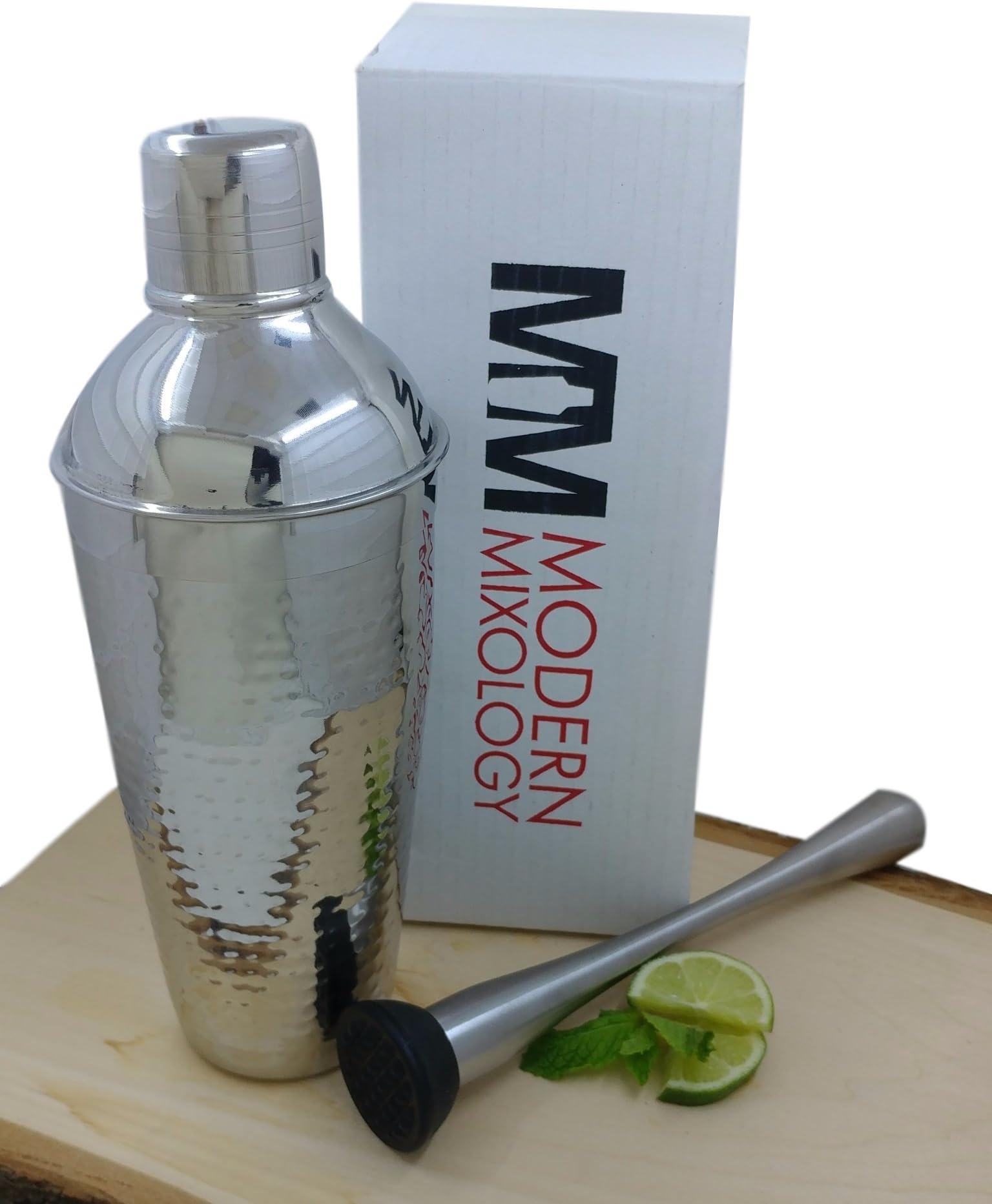 Martini Cocktail Shaker Muddler Kit Stainless Steel Barware Set, 20 ounces Designer Hammered Steel by Modern Mixology