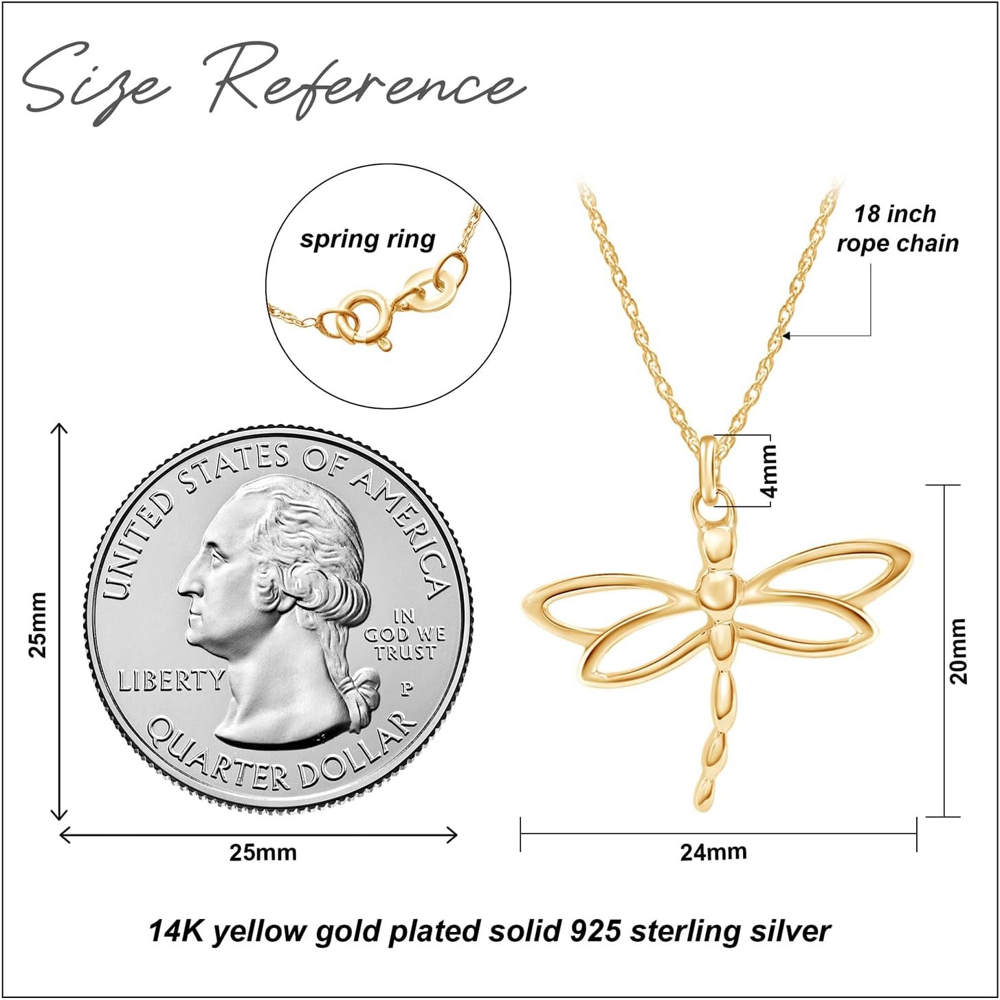 Dragonfly Insect Charm Pendant Necklace Jewelry For Women In 14K Gold Plated Sterling Silver Along With 18" Silver Rope Chain - Image 2