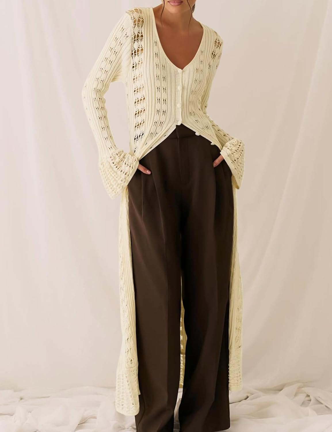 Cardigan Sweaters for Women Trendy Lightweight Crochet Long Duster Button Up Bell Long Sleeve Ruffle Knit Maxi Dress - Image 6