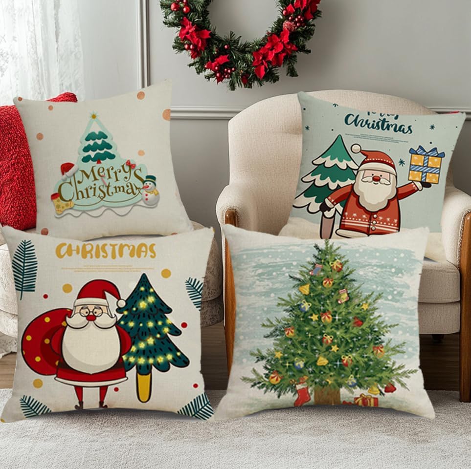 Christmas Pillow Covers, Decorative Winter Holiday Pattern, 18x18 Inch, 4 Piece Set