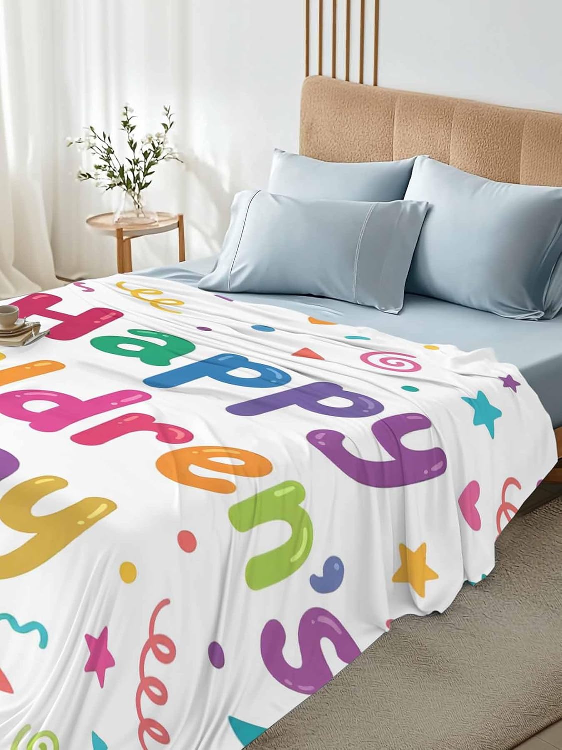 Full Flat Sheet, Happy Children's Day Full Bed Sheets Only, Soft Microfiber Flat Sheet, Modern Ribbons Stars Love Hearts Hotel Quality Bedding Top Sheet Bedroom Home Dorm Decor