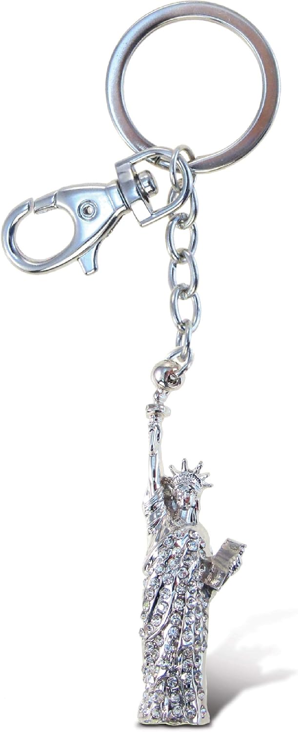 Aqua79 Statue of Liberty Keychain - Silver 3D Sparkling Charm Rhinestones