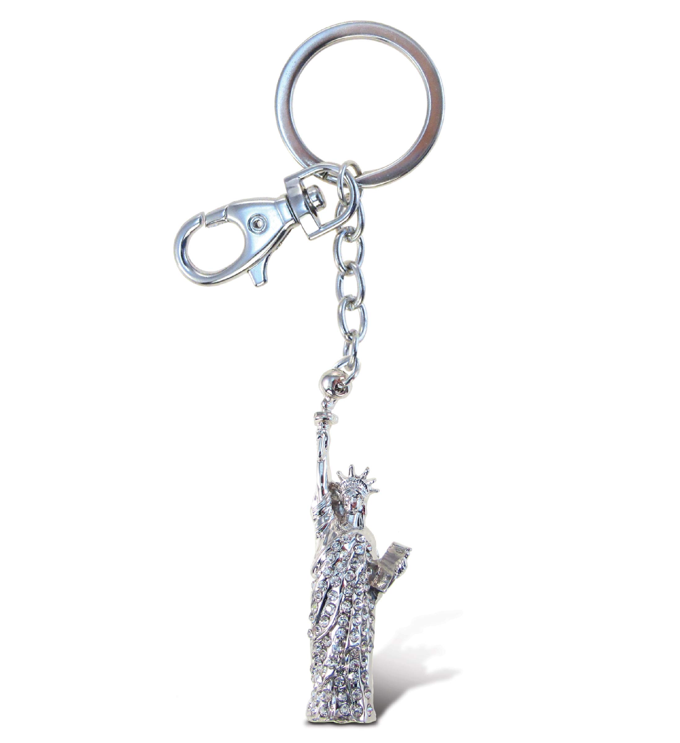 Aqua79 Statue of Liberty Keychain - Silver 3D Sparkling Charm Rhinestones Fashionable Stylish Metal Alloy Durable Key Ring Bling Crystal Jewelry