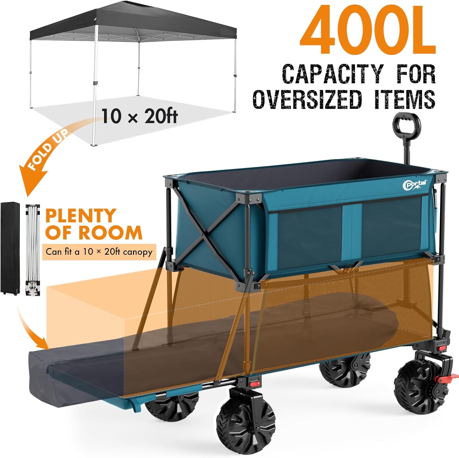 Portal Collapsible Large Double Decker Wagon with Brakes, 660lb Foldable Heavy Duty Utility Wagon Cart, 400L All-Terrain Big Wheels & 54" Extra Long Extender for Sports, Camping & Outdoor Use