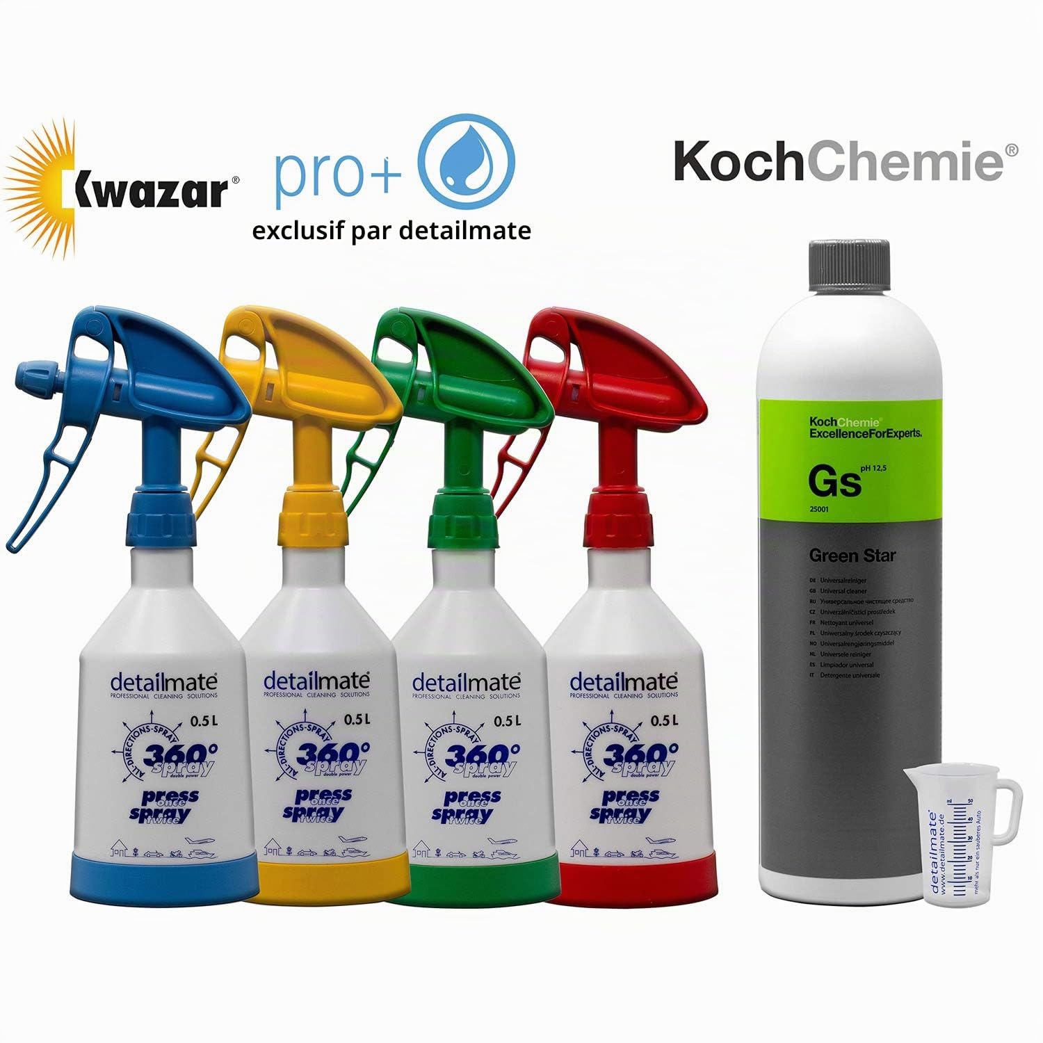 Kwazar Mercury Super Pro Lot de 4 flacons pulvérisateurs de 0,5 l + 1 l de nettoyant universel Green Star + verre doseur de 50 ml