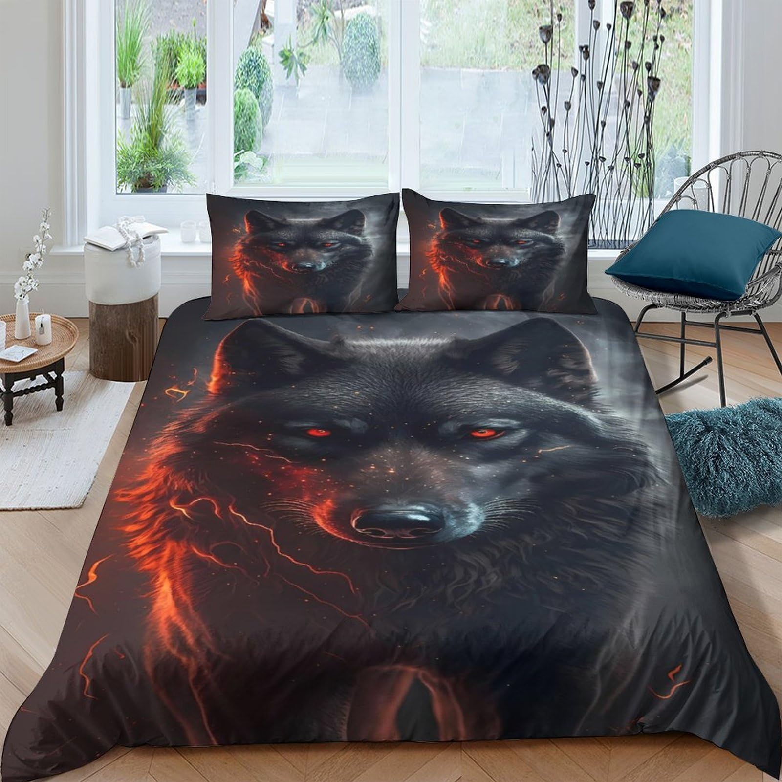 Ctjqhvkz Style-5 3D Printed Dark Wolf Fitted Sheet Microfiber Anti-Slip Red Eyes Bed Cover For Bedroom Guest Room Decor Easy Care Single（135X200cm）