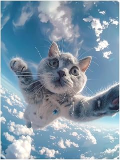 VOSERY Skydiving Cat Fisheye View Diamond Painting Kit, Diamond Art Kit for Adults, Diamond Art Kit for Beginners, 5D Round Full Drill Diamond Art Kit, Home Decor, 12x16 Inches Frameless