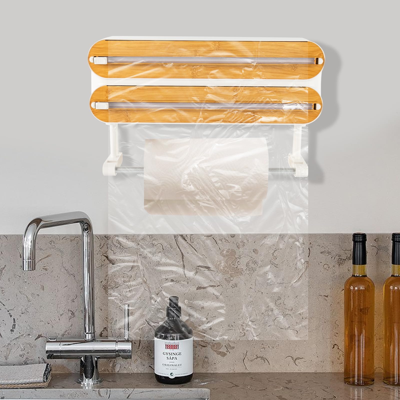 Dispensador de film transparente montado en la pared, lámina adhesiva con gancho adhesivo, soporte para rollos de cocina, dispensador de papel de aluminio
