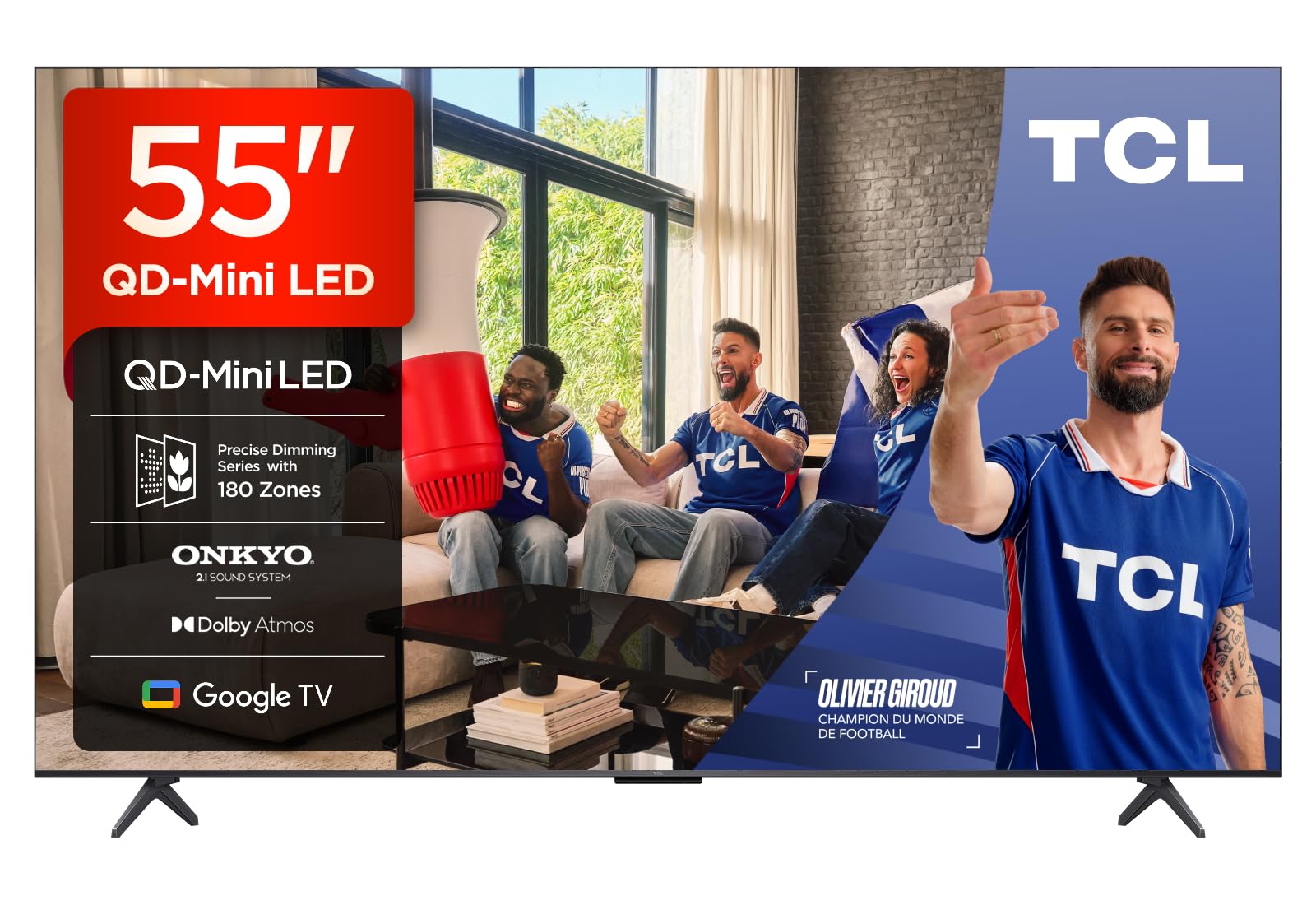 TCL 55Q6C QD-Mini LED TV, 4K HDR Premium 1000nits, Smart TV alimenté par Google (Dolby Vision IQ et Atmos, système Audio Onkyo 2.1, Motion Clarity Pro 144Hz, Game Master, contrôle Vocal Mains Libres)