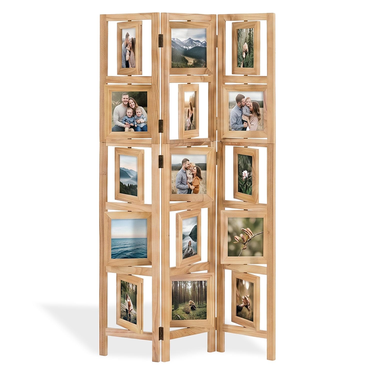 Homestyle4u Paravent Cadre photo 3 pièces Séparateur de pièce en bois 160 x 93 cm Paravent mur photo nature galerie photo brise-vue