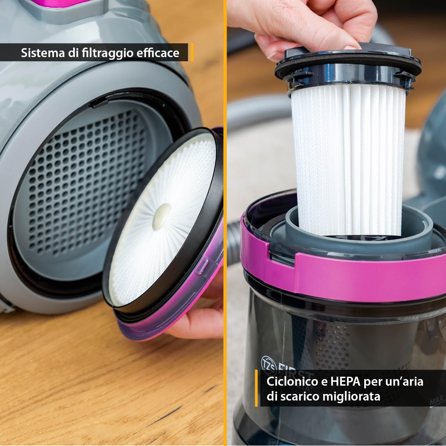 TZS First Austria Aspirapolvere senza sacchetto | Filtro HEPA da 800 W per persone allergiche | Cavo da 4,8 m | Per pavimenti duri e moquette | 2 L | Petrolio/nero - Viola/grigio