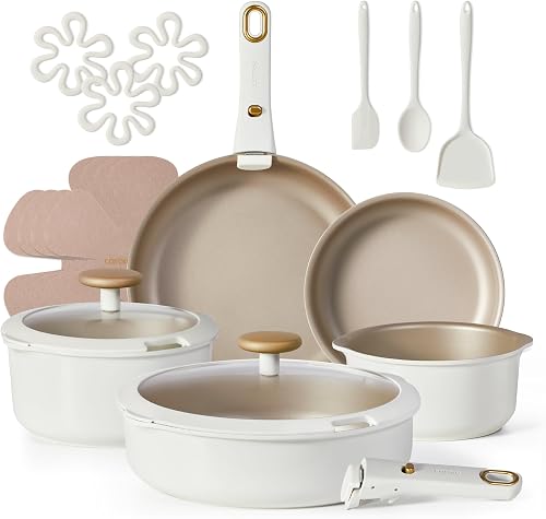 CAROTE 19 Pcs Pots and Pans Set, Nonstick Cookware Sets with Detachable Handle, Oven Safe, Cookware Non Stick Cooking Set w/Frying Pans & Saucepans White(PFOS, PFOA Free)