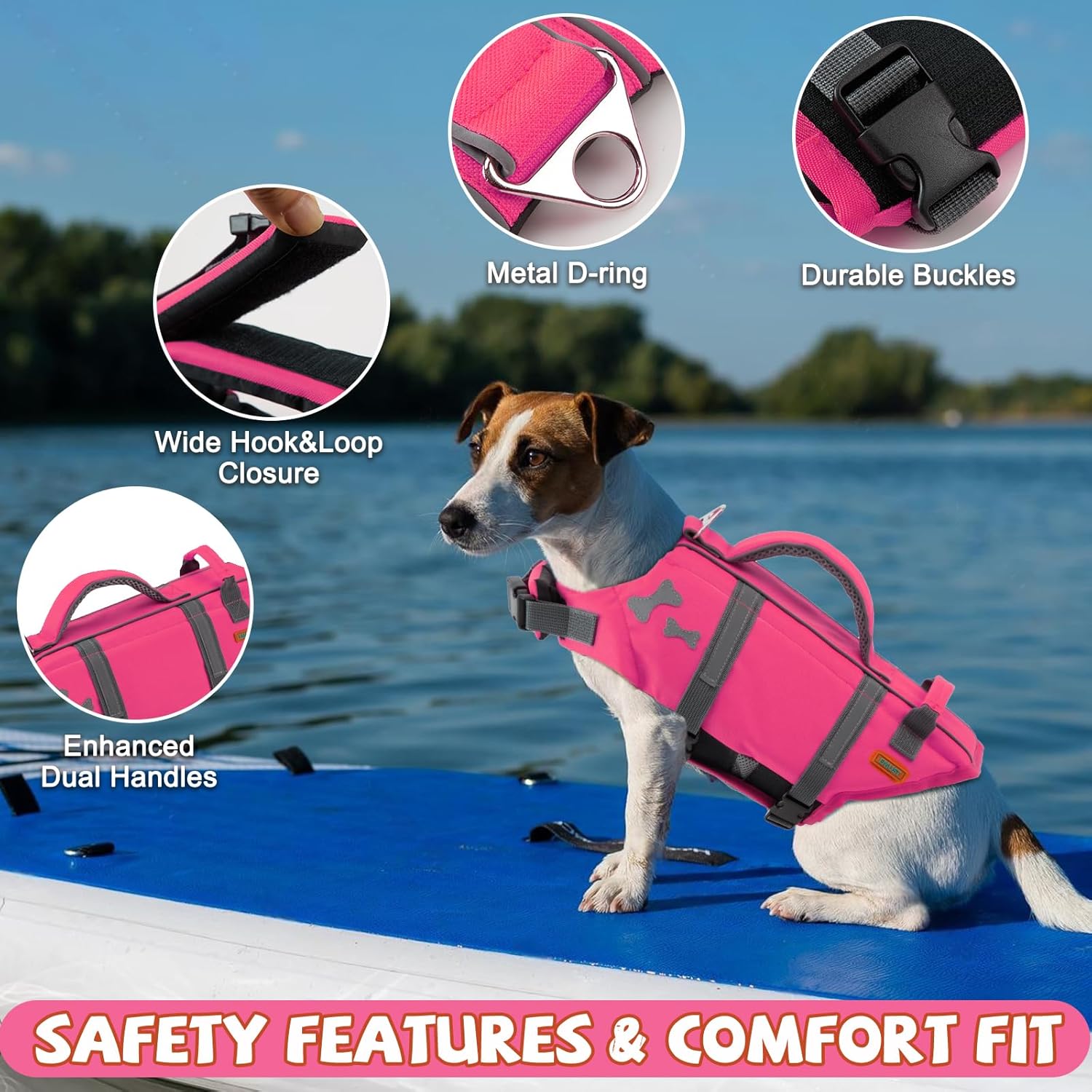 EMUST Dog Life Jacket, Dogs Life Vests for Swimming, Beach Boating Pool with High Buoyancy, Bright Color Dog Flotation Vest, BrightPink, L