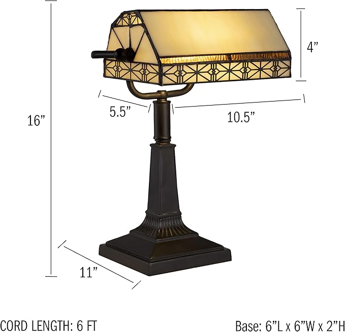 Lavish Home Lavish Home Tiffany-Style Bankers Lamp - Vintage-Looking Mission-Style Table or Desk LED Light with Stained Glass Shade (Dark Brown) photo 2