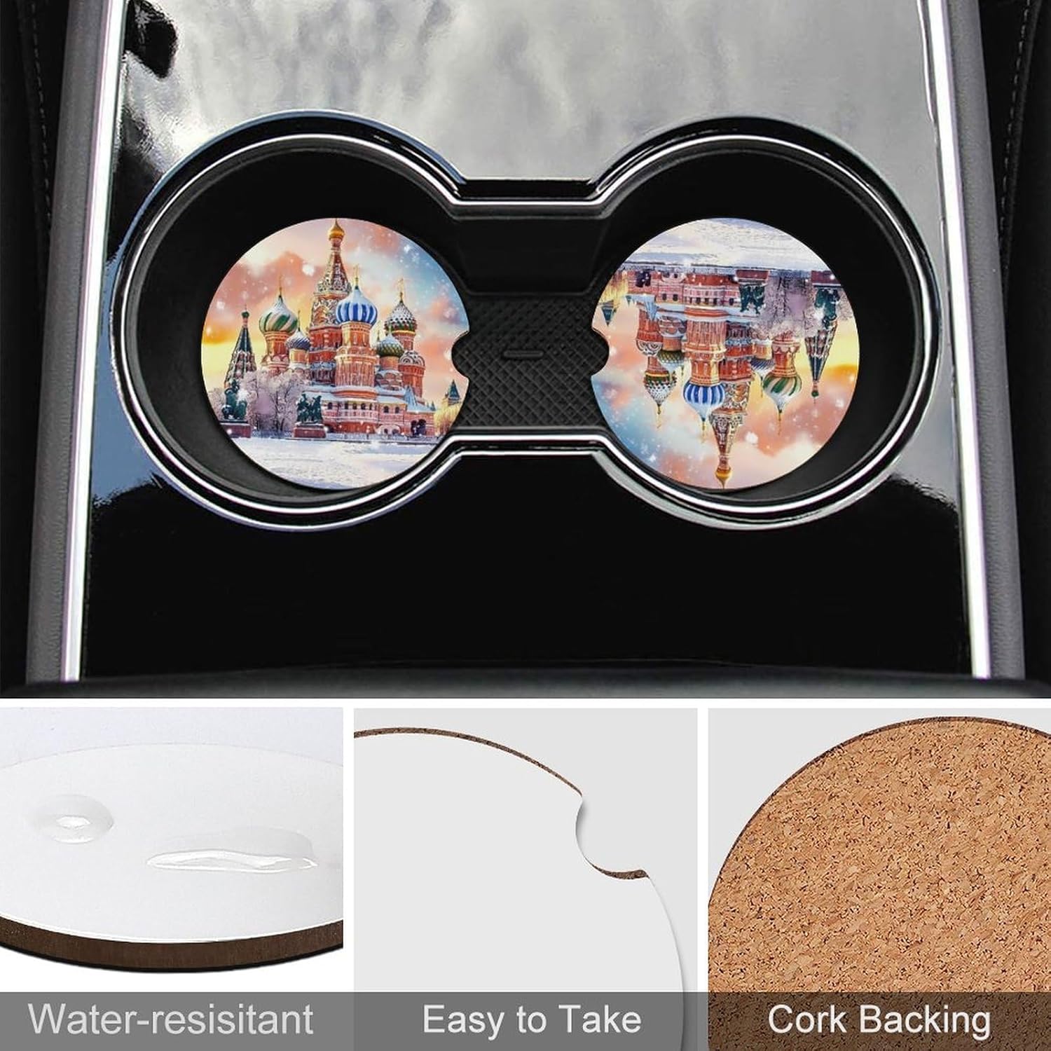 St Basils Cathedral in Moscow Russia Cute Car Coasters 2.56 Inch Absorbent Cup Holder for Drinks Auto Interior Accessories