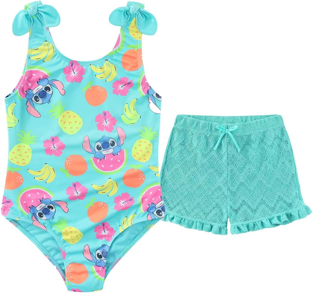 Disney Lilo & Stitch Girls One Piece Swimsuit Bathing Suit with Swim Shorts Swimwear Set for Big Kids