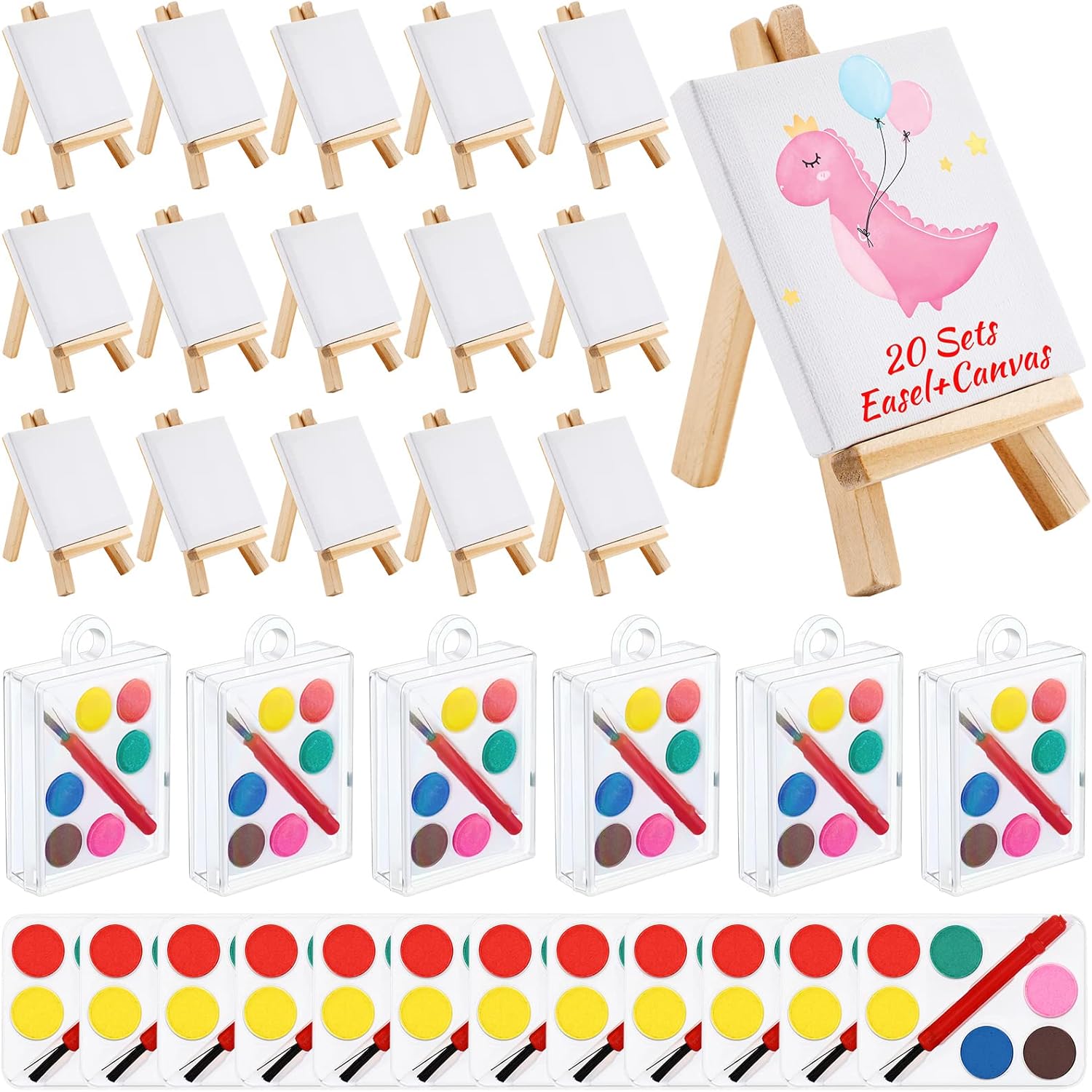 Fulmoon 20 Sets Mini Watercolor Paint Sets 3x3'' Painting Canvas Panel Brushes Wooden Easel Easter Exchange Gifts for DIY Craft Classroom Prizes Graduate Gifts Birthday Party Favors (Rectangle)