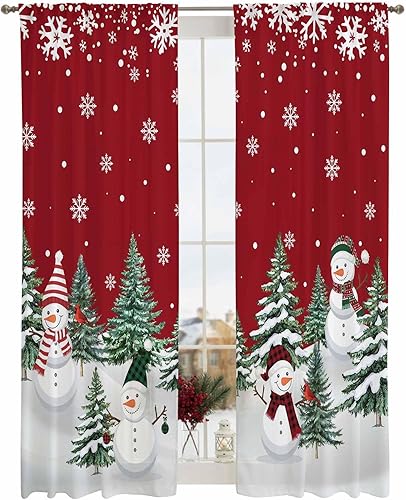 Miniatura 9 de Cortinas semitraslúcidas de muñeco de nieve de Navidad de 84 pulgadas de largo, cortinas con filtro de luz para ventana roja, cortinas con bolsillo