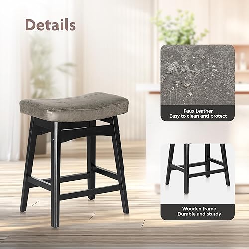 Miniatura 5 de ALPHA HOME Juego de 3 taburetes de bar, taburetes de cocina de madera maciza con cojín de piel sintética gris, taburetes de bar con base de madera