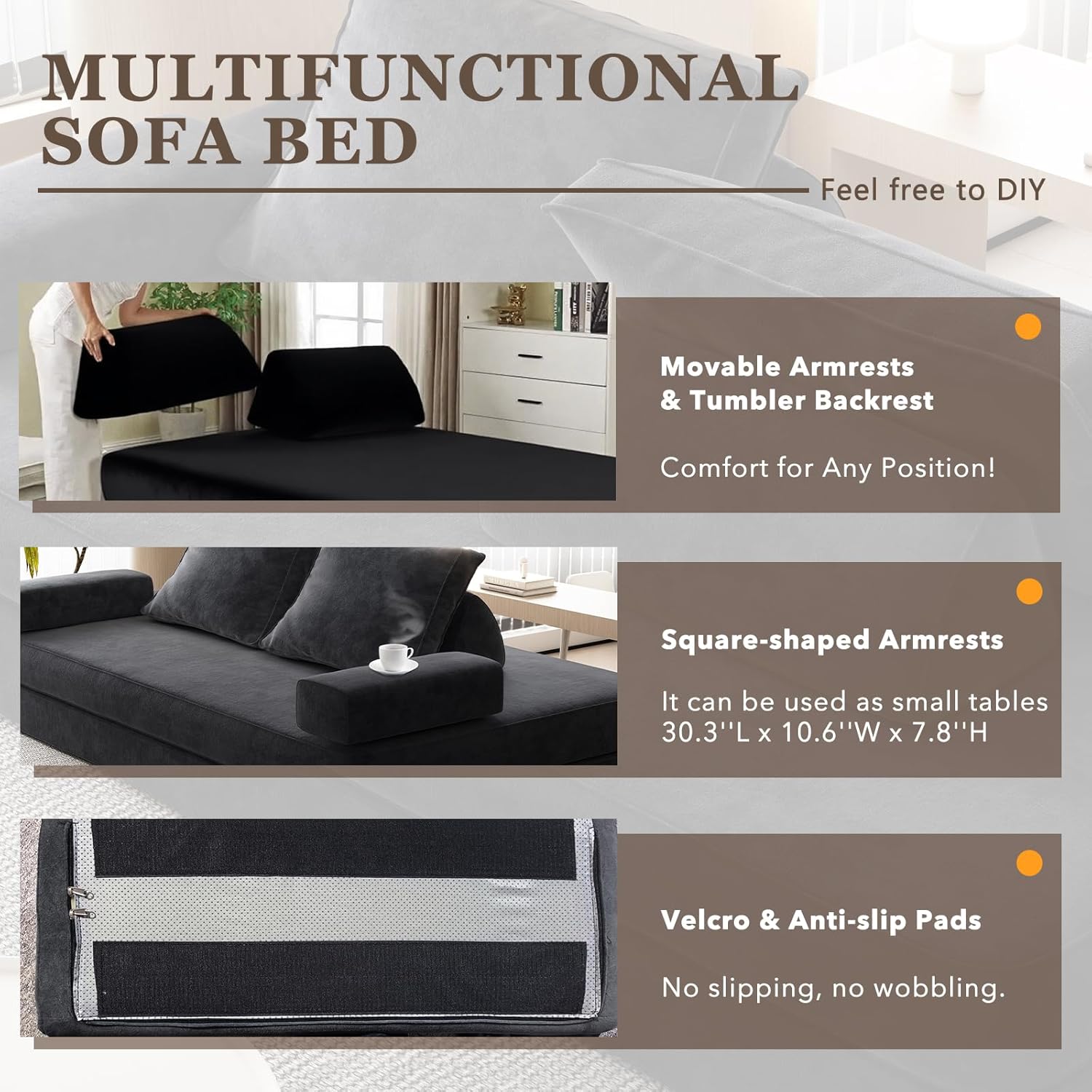Futon Sofa Bed King Size, Boneless Sleeper Sofa, Oversized Chenille Foldable Couch, Convertible Floor Couches, Modern Folding Mattress, Daybed for Gaming, Living Room, Apartment, Dark Grey