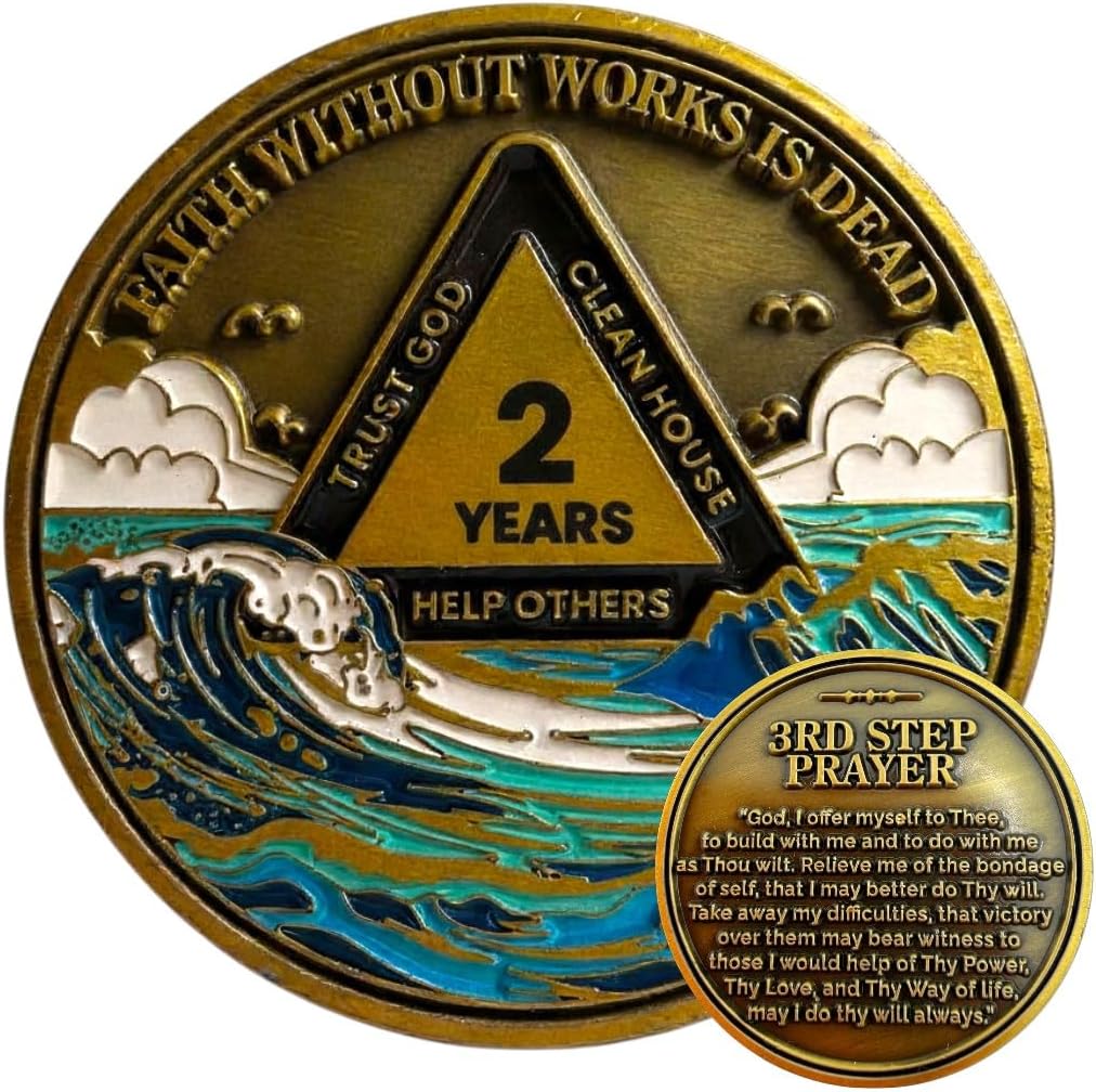 2 Year Waves Sobriety Coin - Third Step Prayer AA Medallion, Premium Recovery Token for Anniversaries, Sponsor & Sponsee Gifts, Two Years Sober Milestone Chip for Women and Men