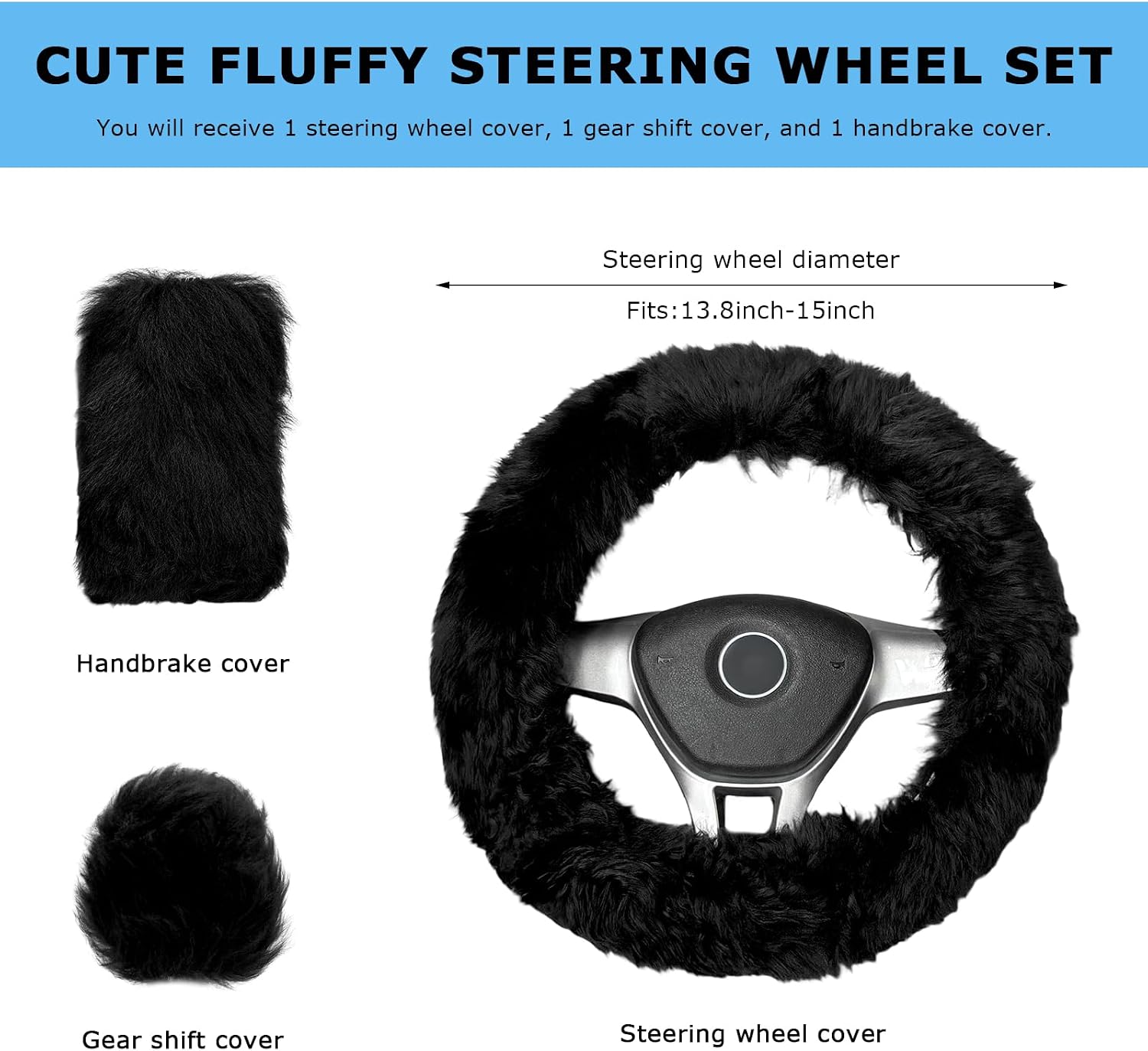 Fluffy Steering Wheel Covers Set, Fuzzy Wool Wheel Protector with Handbrake & Gear Shift Cover, Soft Warm Steering Wheel Wrap Furry Interior Accessories for Women Girls (Black) image 2