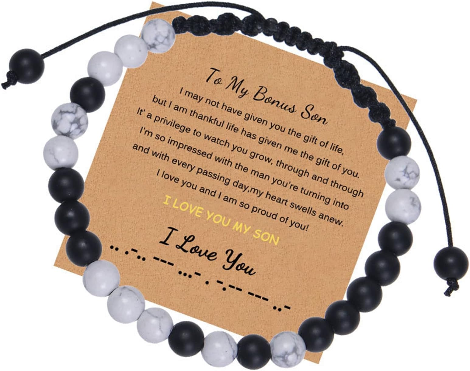 Beaded Bracelets,Stretch Bracelet, Morse Code Bracelets for Couples, Tiger Eye Bracelet Men Adjustable Woven Couple Bracelet to My Amazing Boyfriend Black Beaded Bracelet for Men(To My Bonus Son)