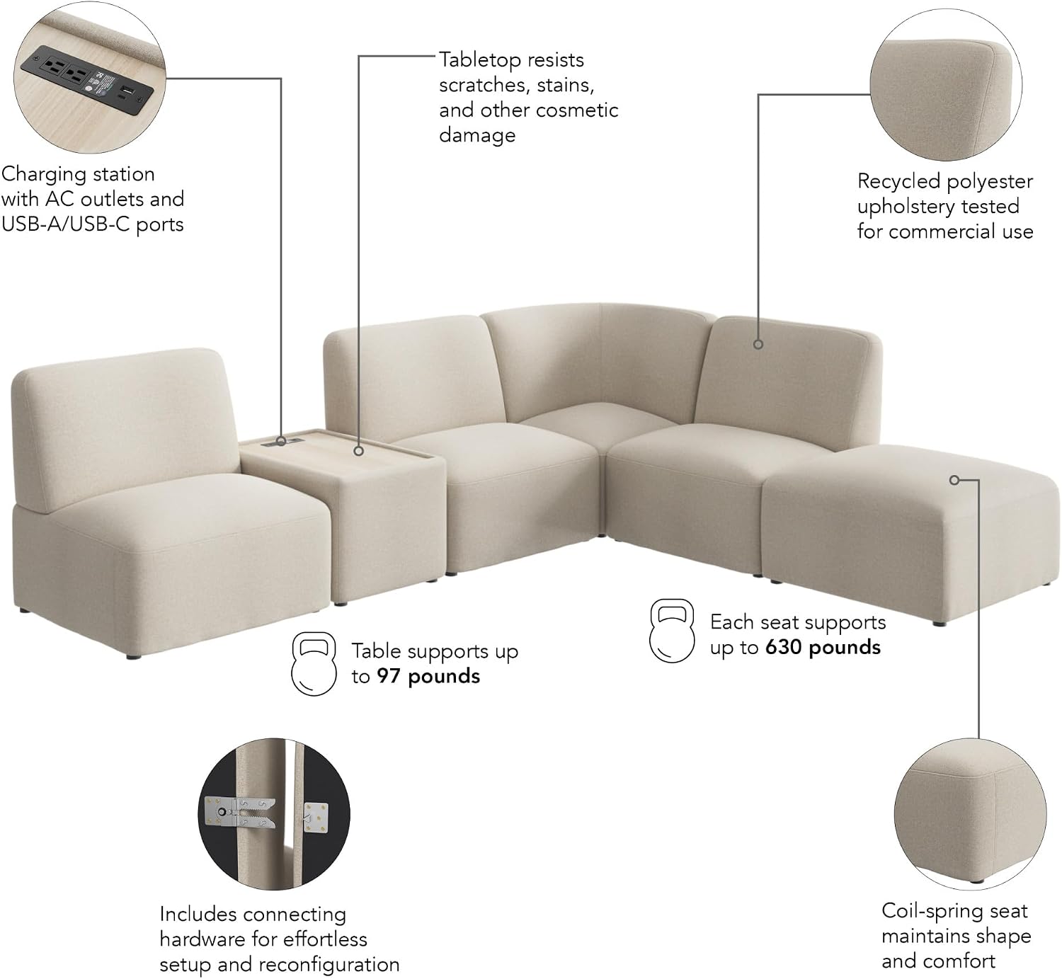 Bush Business Furniture Modular 5 Seater L Shaped Sectional with Charging Station, Guest Seating for Lobby or Reception Area, Assemble Collection, Oat Fabric
